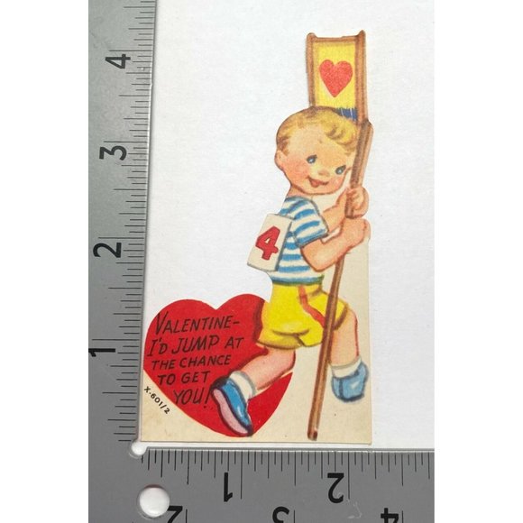 Vintage 1950s Valentine Greeting Card Sports Pole Vaulting Boy 4 Inch Diecut - Picture 3 of 4